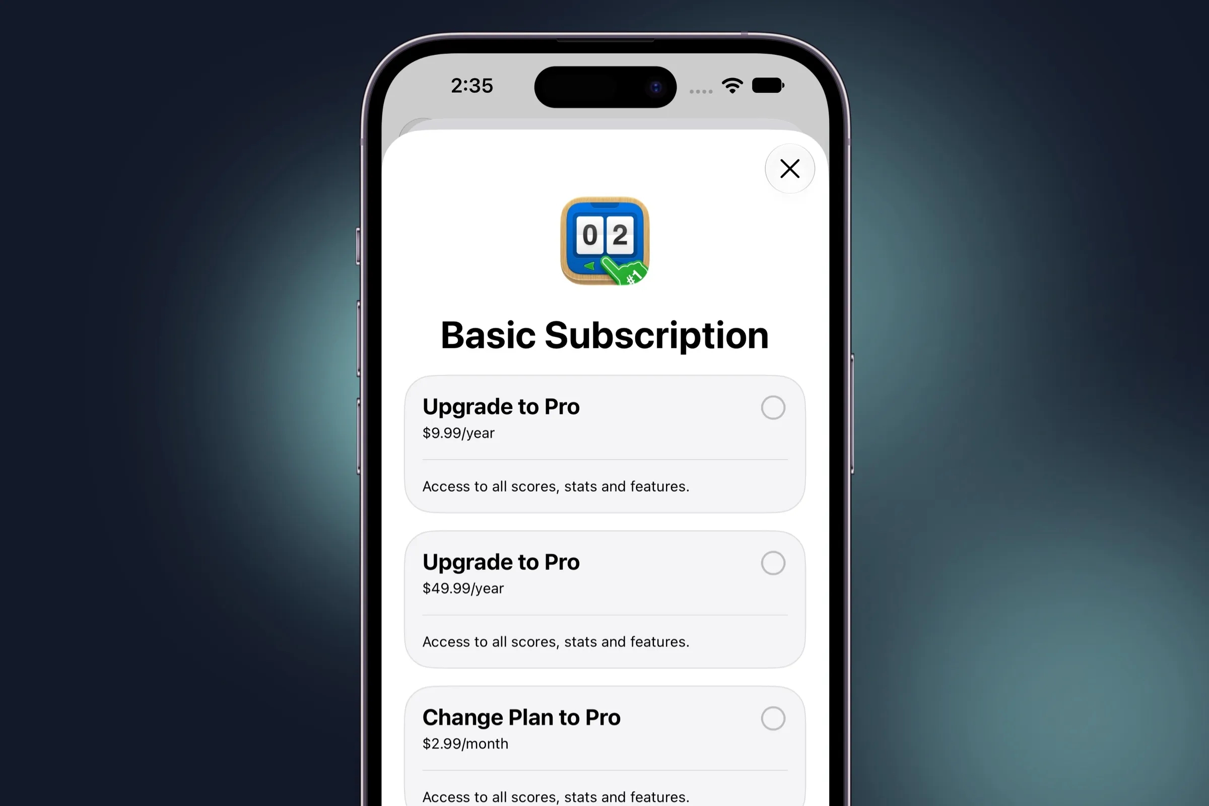 StoreKit's subscription sheet for changing plans, listing upgrade and plan change options with their prices.