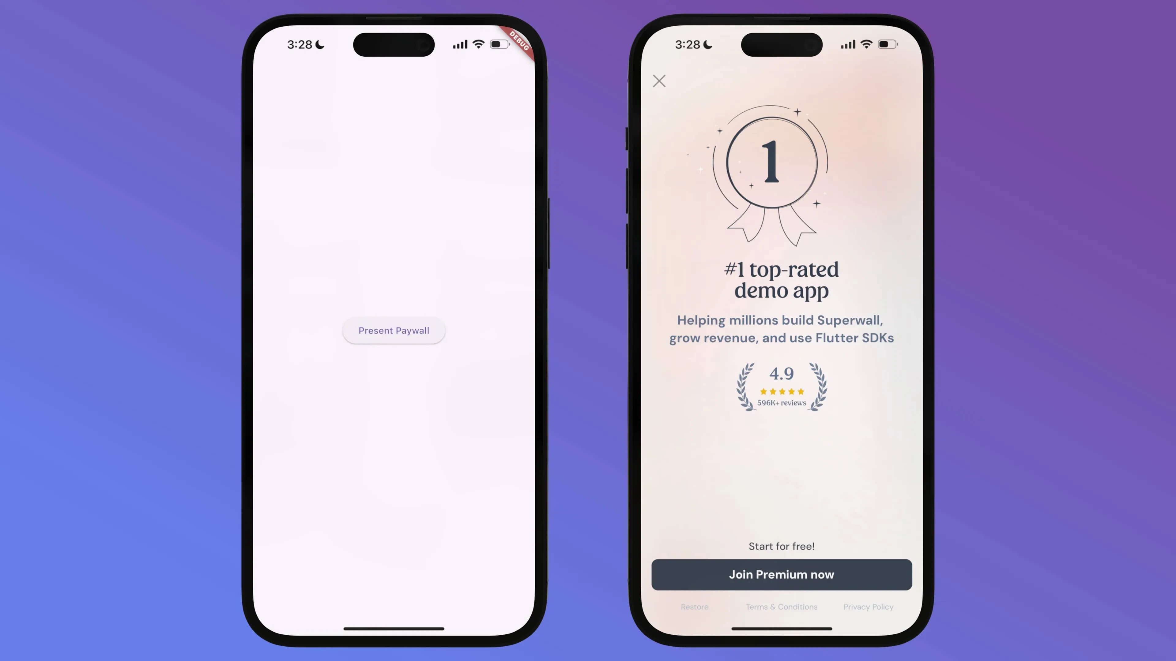 A simple Flutter example app with a button to present a paywall.