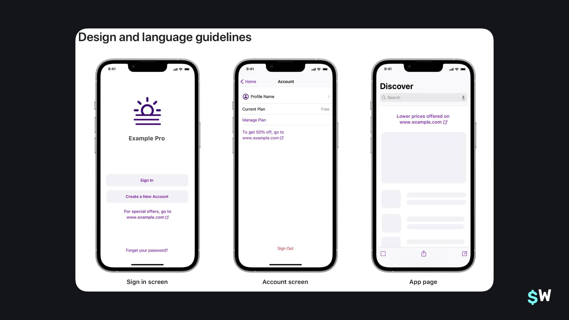 Example of Apple's required plain-button styling and template copy for an external payment link