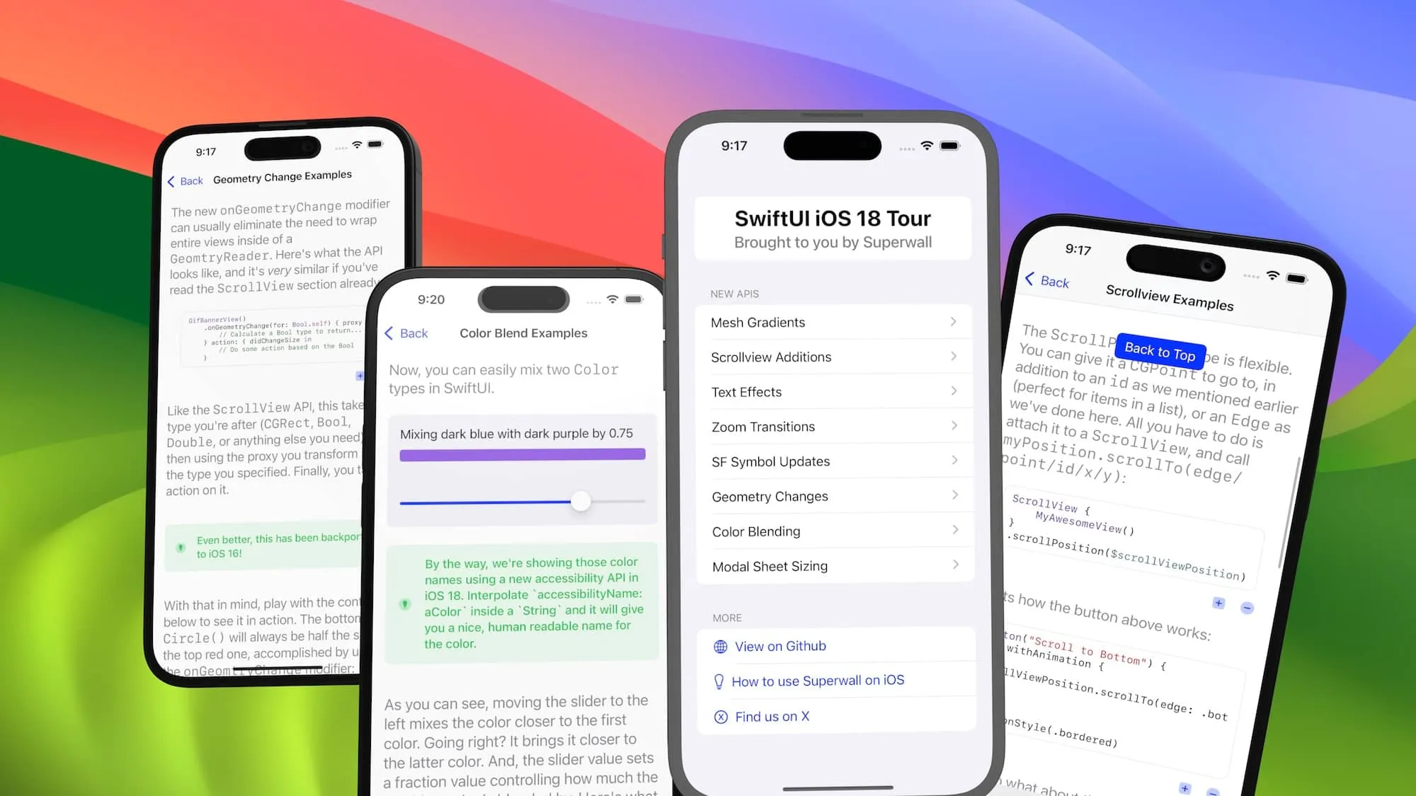 The iOS 18 SwiftUI Tour app running on several iPhones