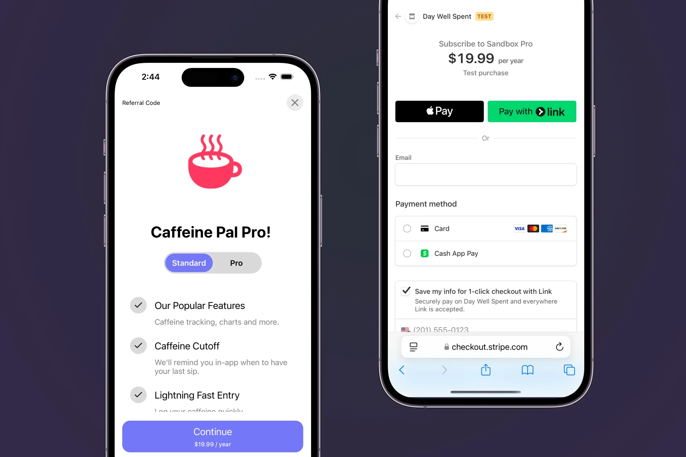 A paywall opening directly into a Stripe checkout flow