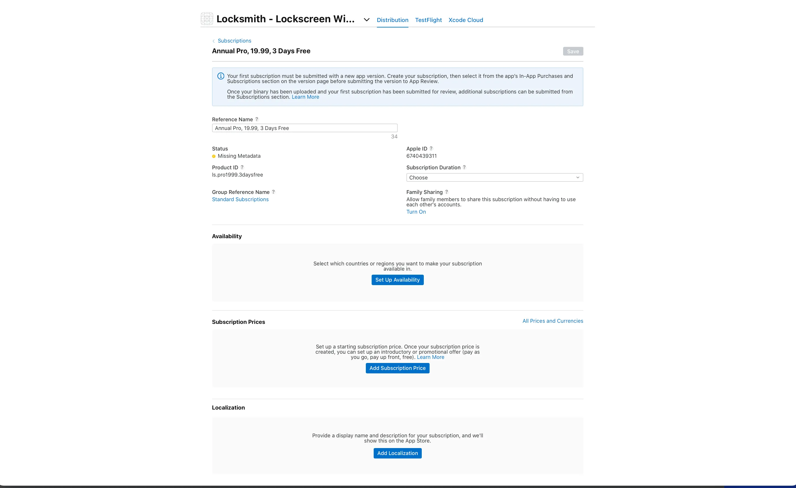 Subscription metadata configuration in App Store Connect