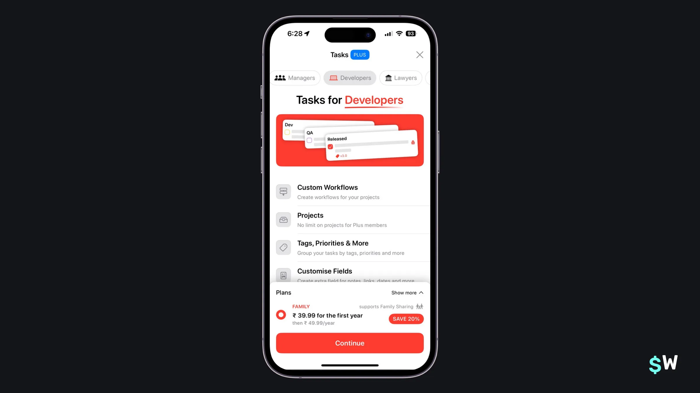 Tasks paywall tailoring copy and color to each use-case scenario