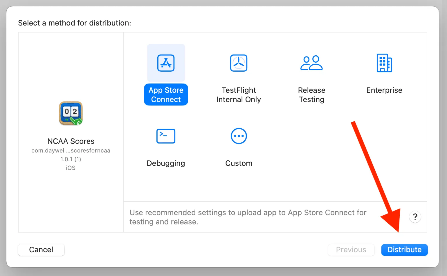 Distributing an app to App Store Connect
