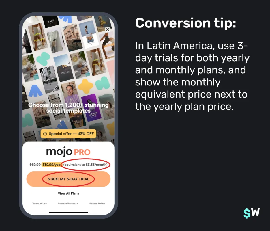 A paywall using a 3-day trial in Latin America