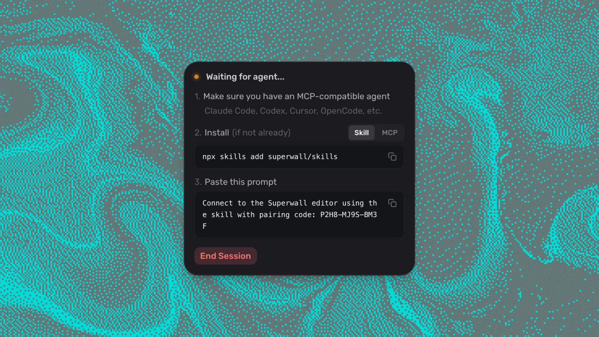 The Superwall editor showing a pairing code for connecting an agent