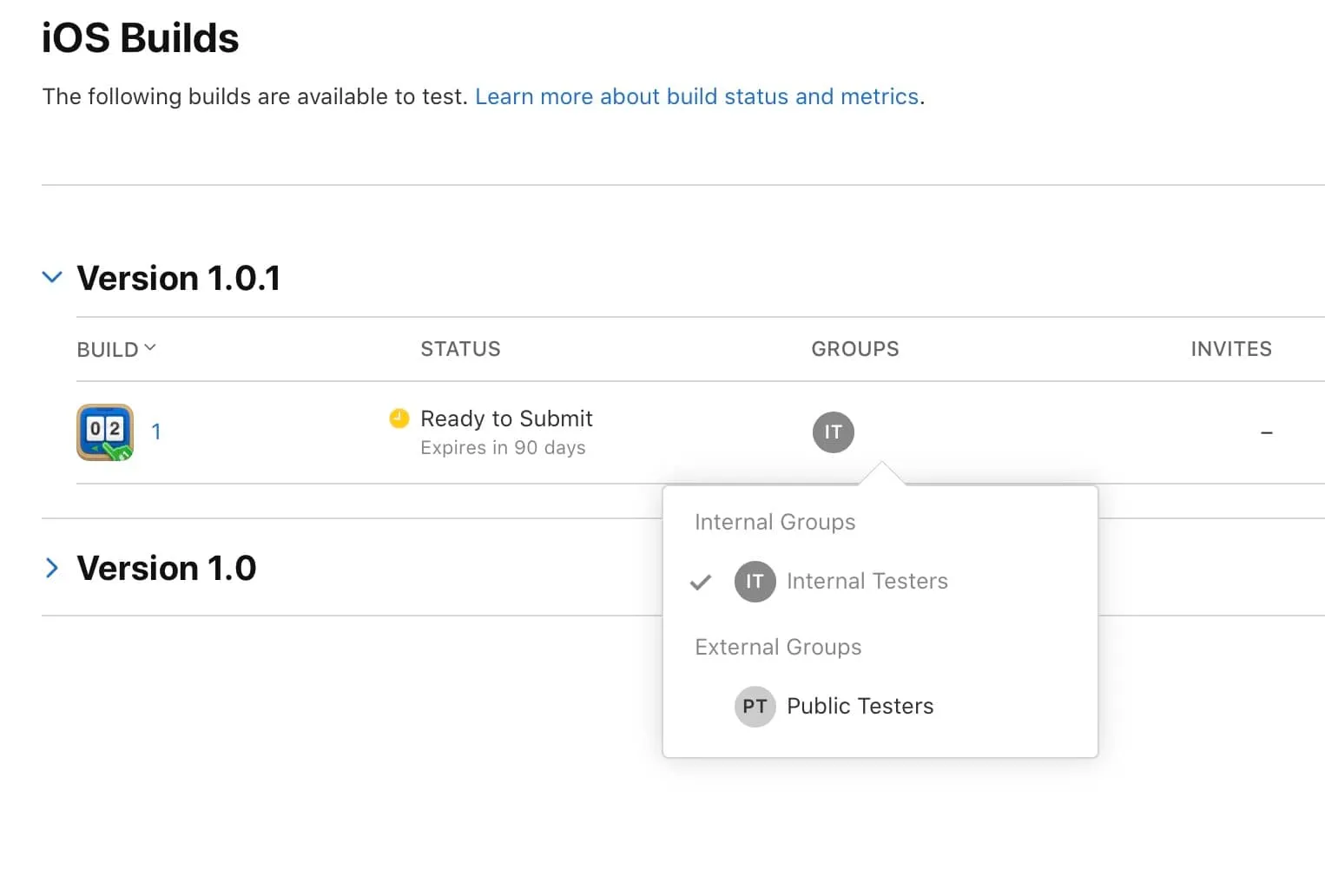 Assigning a testing group to a TestFlight build