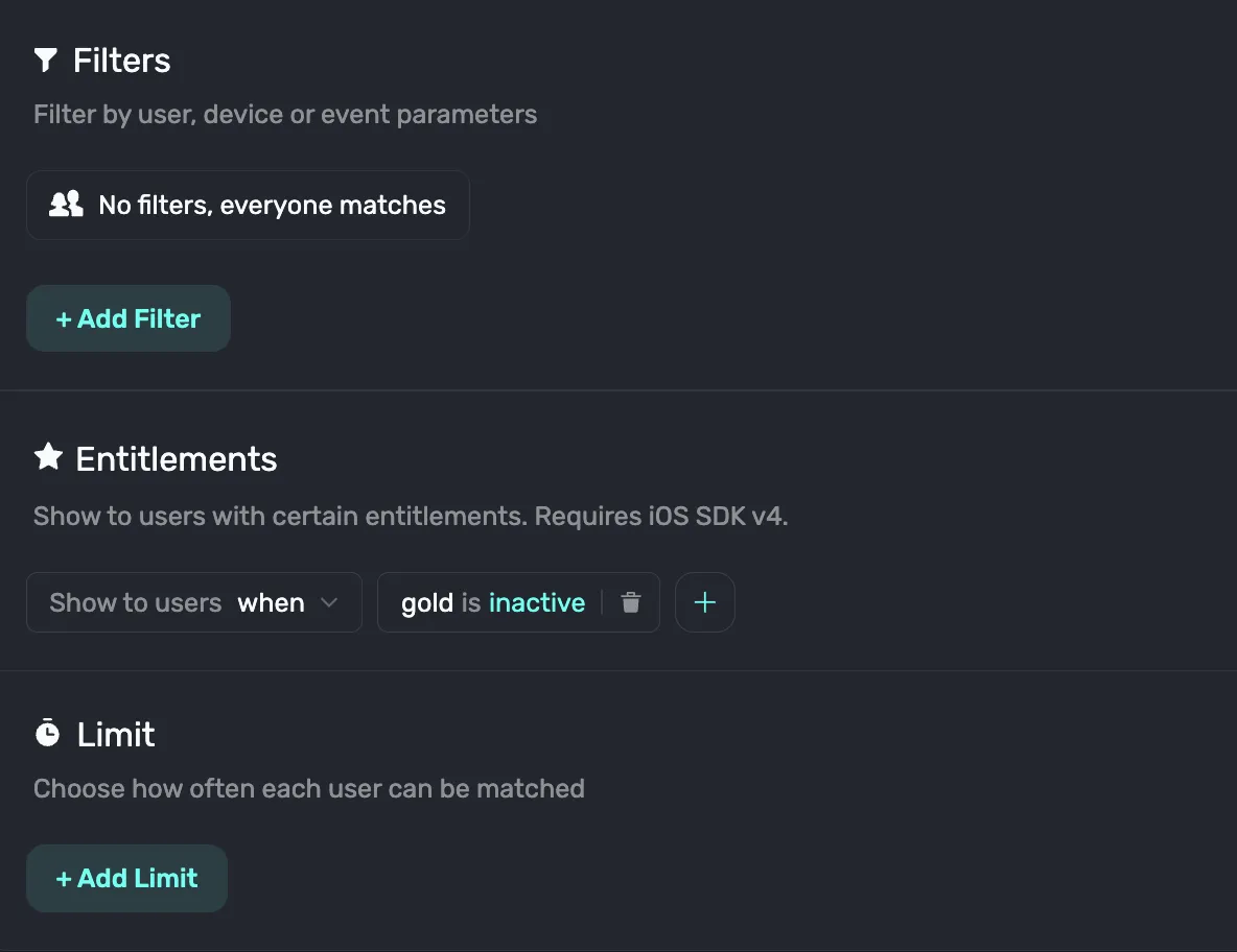Superwall entitlements filter targeting users who aren't on the highest tier