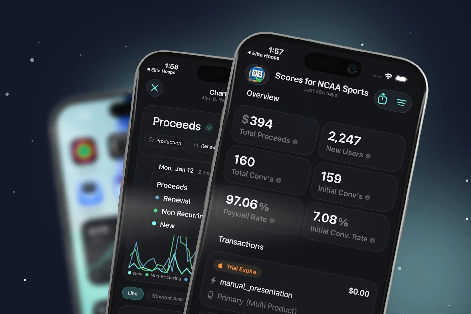 The rebuilt Superwall iOS app showing dashboard charts on mobile