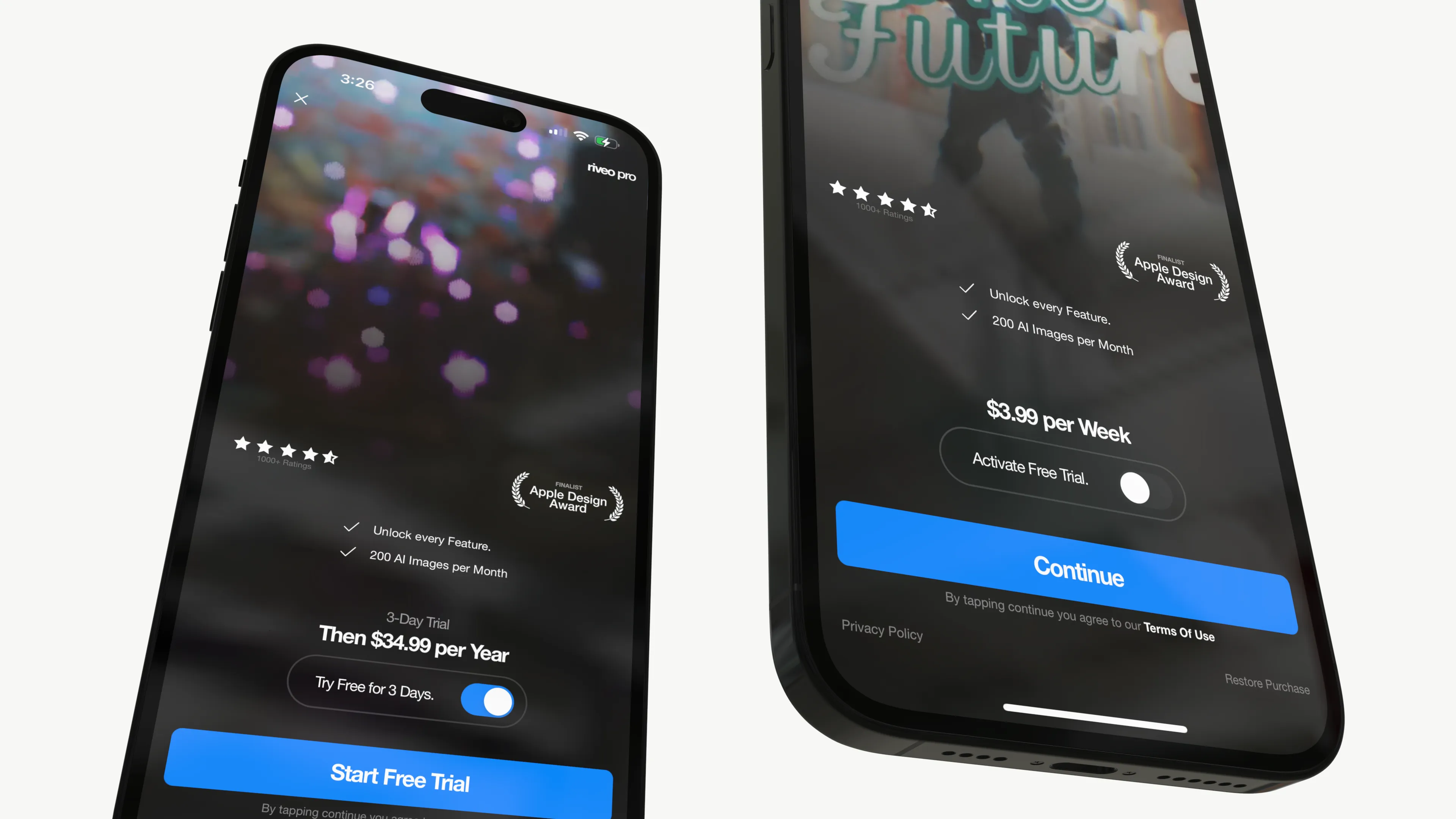 The Riveo paywall featuring a Free Trial toggle interface