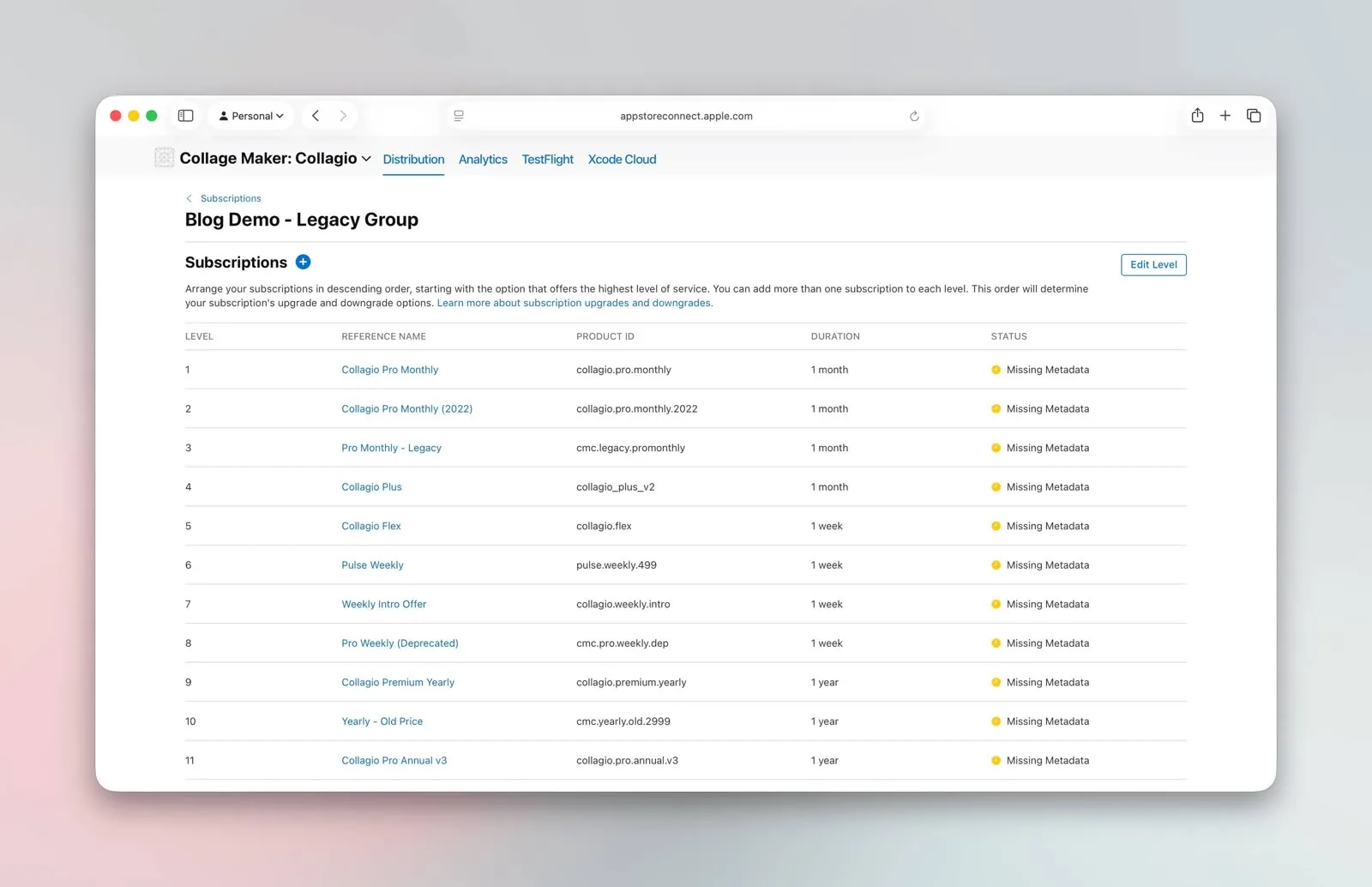 An App Store Connect subscription group with 11 stacked SKUs